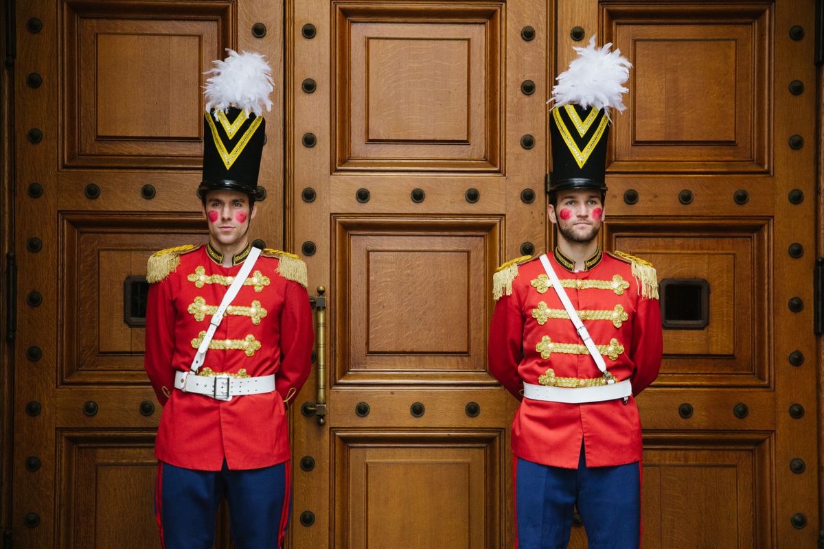 Two costumed nutcrackers greet visitors at the entrance to Snowflake Lounge.